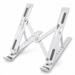 White laptop stand with dark gray pads, angled to show its adjustable design and sturdy construction.