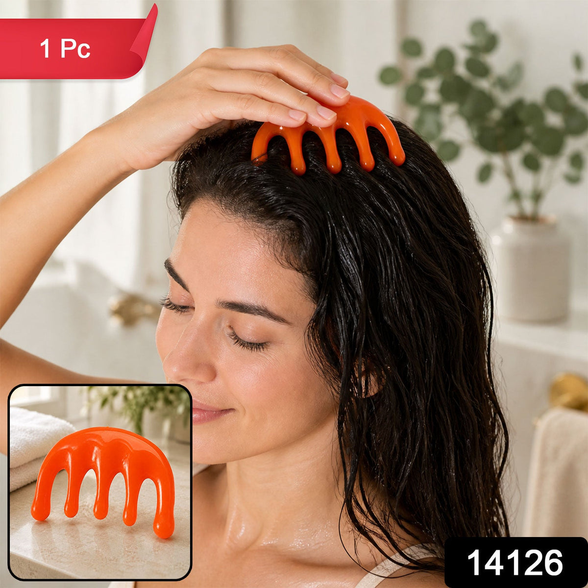 A woman with wet hair uses an orange scalp massager, with an inset showing the massager alone and a red "1 Pc" banner.