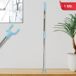 Stainless steel telescopic clothes hanger pole extended for high reach in a closet.