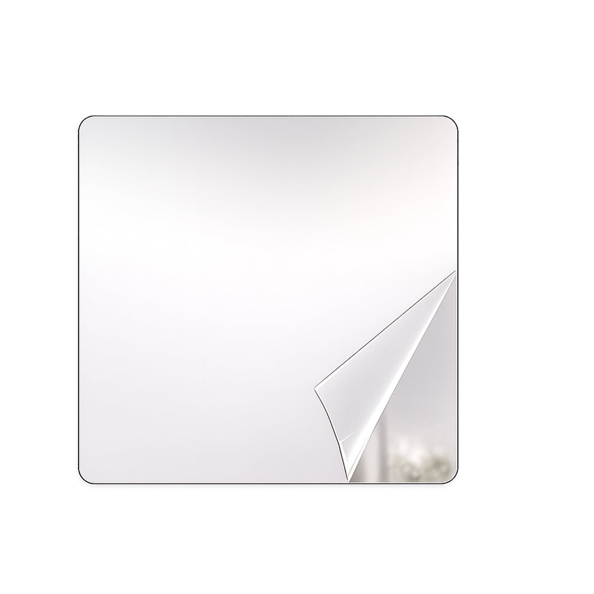 A square mirror with rounded corners has a corner of its protective film peeled back, revealing a reflection.