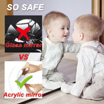 A baby sits looking at their reflection in a mirror, with insets showing glass vs. acrylic mirror safety.