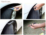 A four-panel collage demonstrating how to use the tire repair kit on a car tire, from removing debris to inserting the plug.