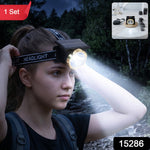 A young woman wearing a black and gold headlamp with a bright beam in a dark forest, with a small inset showing headlamp