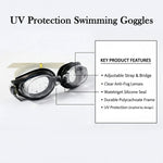 Black and clear swimming goggles with a beige strap on a white background, next to a list of key product features.