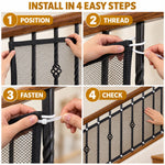 Four close-up steps show how to install a black mesh safety net onto a metal railing using white plastic ties.