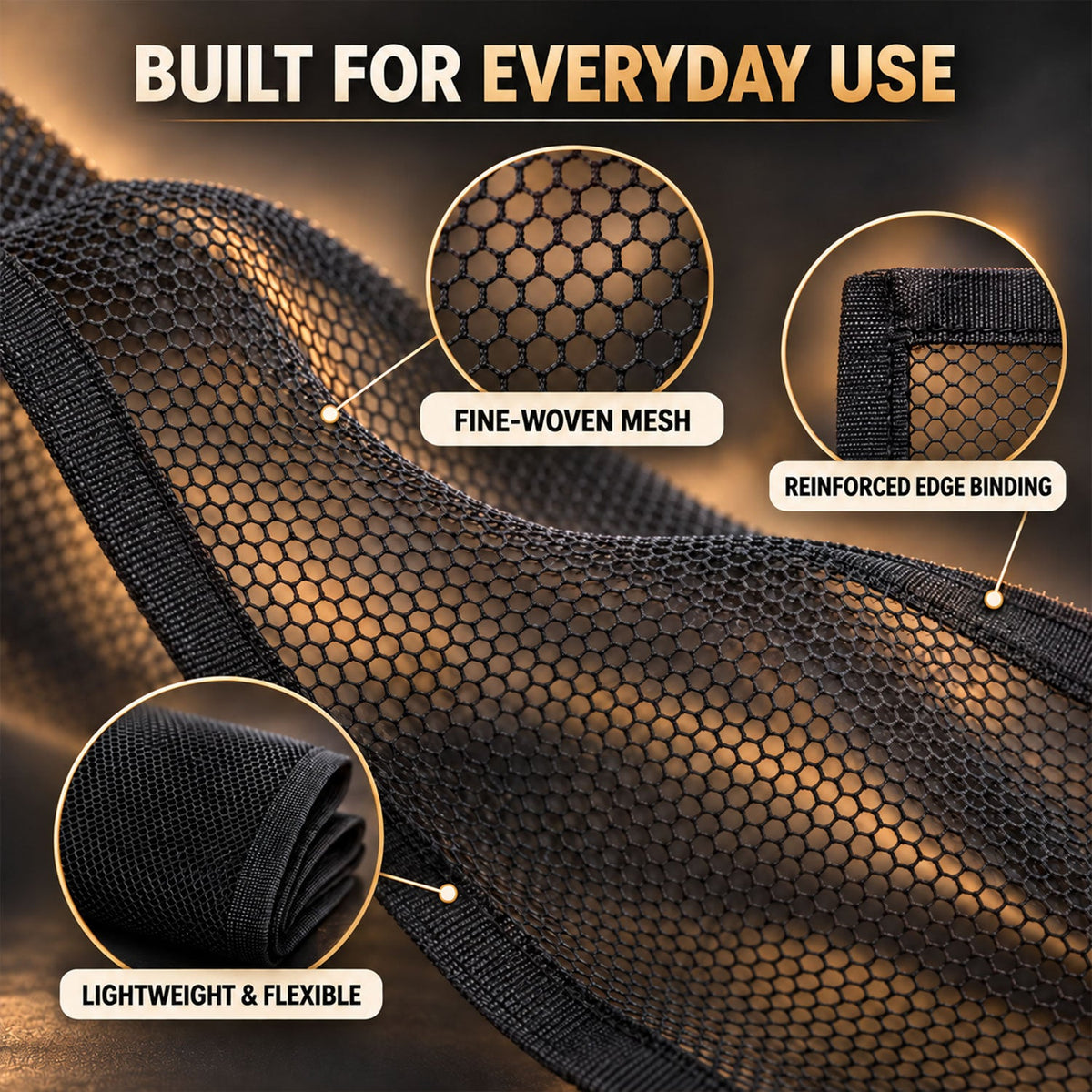 Close-up details of the black mesh safety net, highlighting its fine weave, reinforced edge, and flexible material.