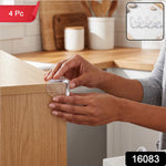 A person's hands applying a clear corner protector to a wooden table, with a small inset showing four protectors.