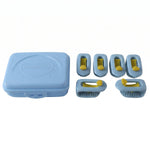 A light blue plastic storage case and six blue and yellow plastic clips are arranged on a white background.