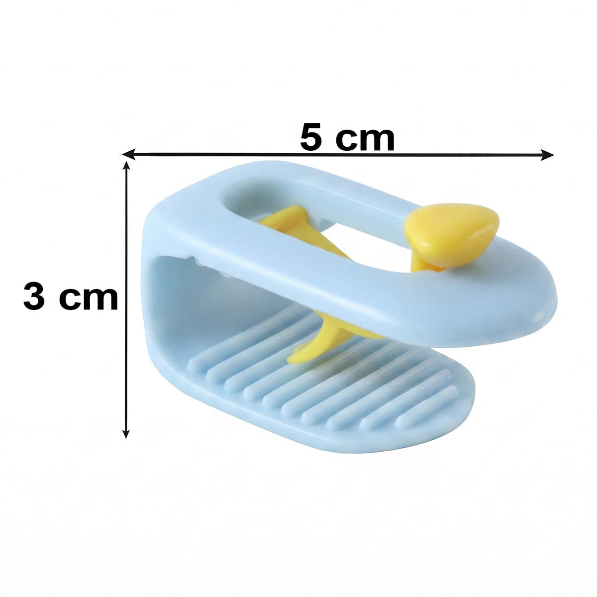A single blue and yellow plastic clip is shown with measurements indicating it is 5 cm wide and 3 cm tall.