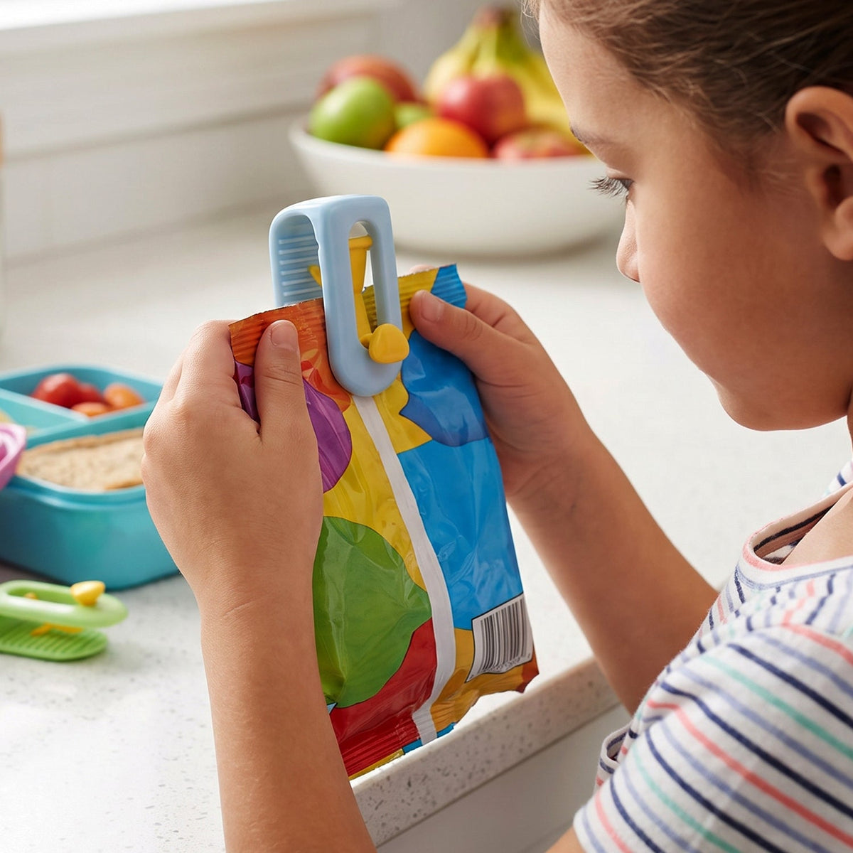 A child's hands use a blue and yellow plastic clip to seal a colorful snack bag, with a lunchbox and fruit in the background.