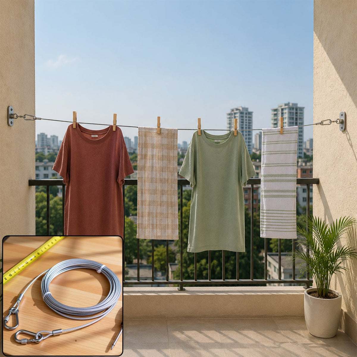 A clothesline with two shirts and two towels drying on a balcony with city buildings in the background. Inset shows coiled