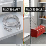 A split image showing the coiled wire rope on a shelf labeled "READY TO CARRY" and the rope securing a red toolbox to a