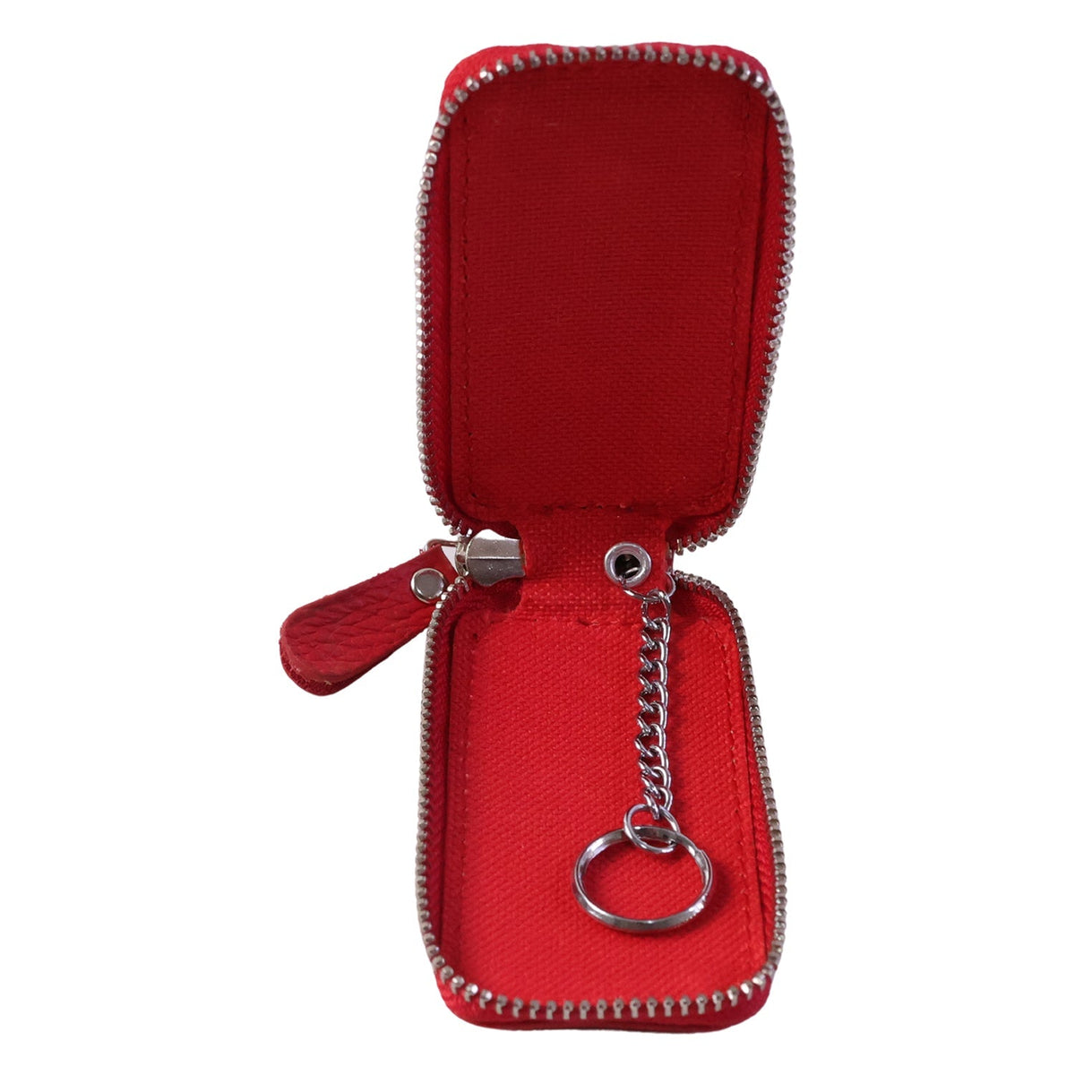 Open red zippered leather car key case with an internal chain and ring, on a white background.