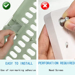 Two close-up images: one shows a hand applying a clear adhesive pad to a light green pegboard; the other shows a hand