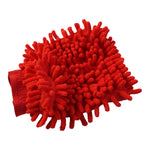 A red microfiber chenille wash glove with a textured surface is shown on a white background.