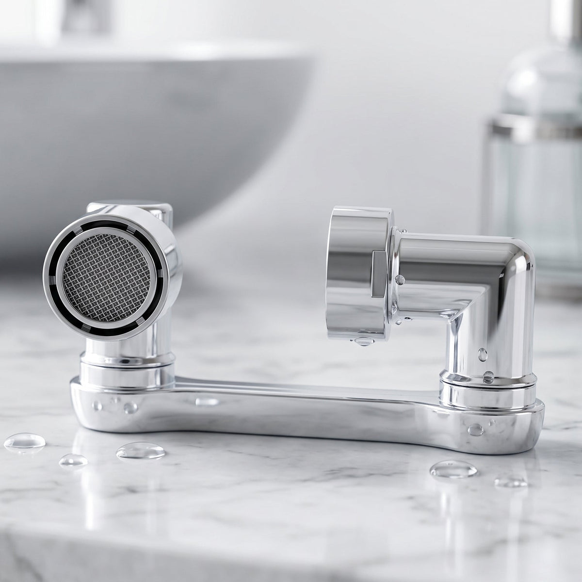 A close-up of the chrome swivel faucet aerator with water droplets on a white marble countertop.
