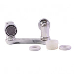 The chrome swivel faucet aerator displayed with three white plastic washers on a plain white background.