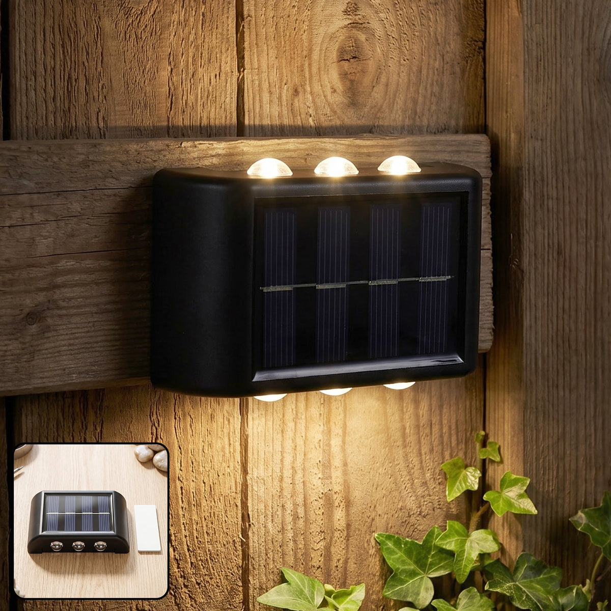 A black solar-powered LED wall light illuminates a wooden fence and green ivy at night, with an inset image of the light on