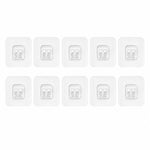 Ten individual clear square adhesive hooks with twin plastic prongs are neatly arranged in two rows on a white background.