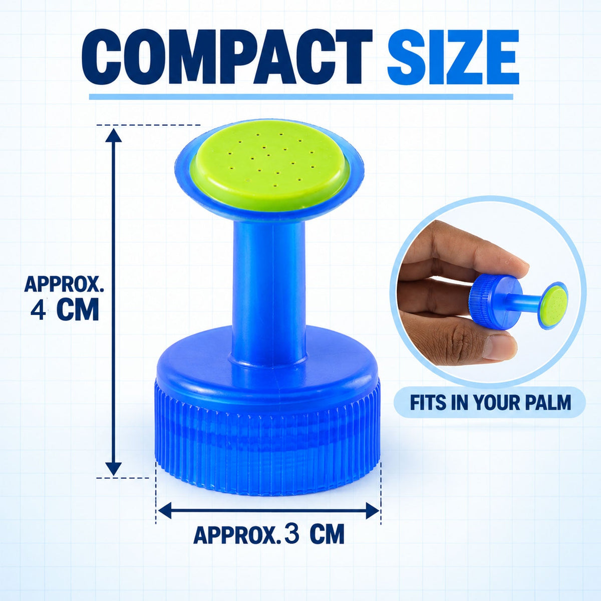 A blue and green plastic bottle cap sprinkler with dimensions of approximately 4 cm height and 3 cm width. Inset shows it