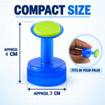 A blue and green plastic bottle cap sprinkler with dimensions of approximately 4 cm height and 3 cm width. Inset shows it