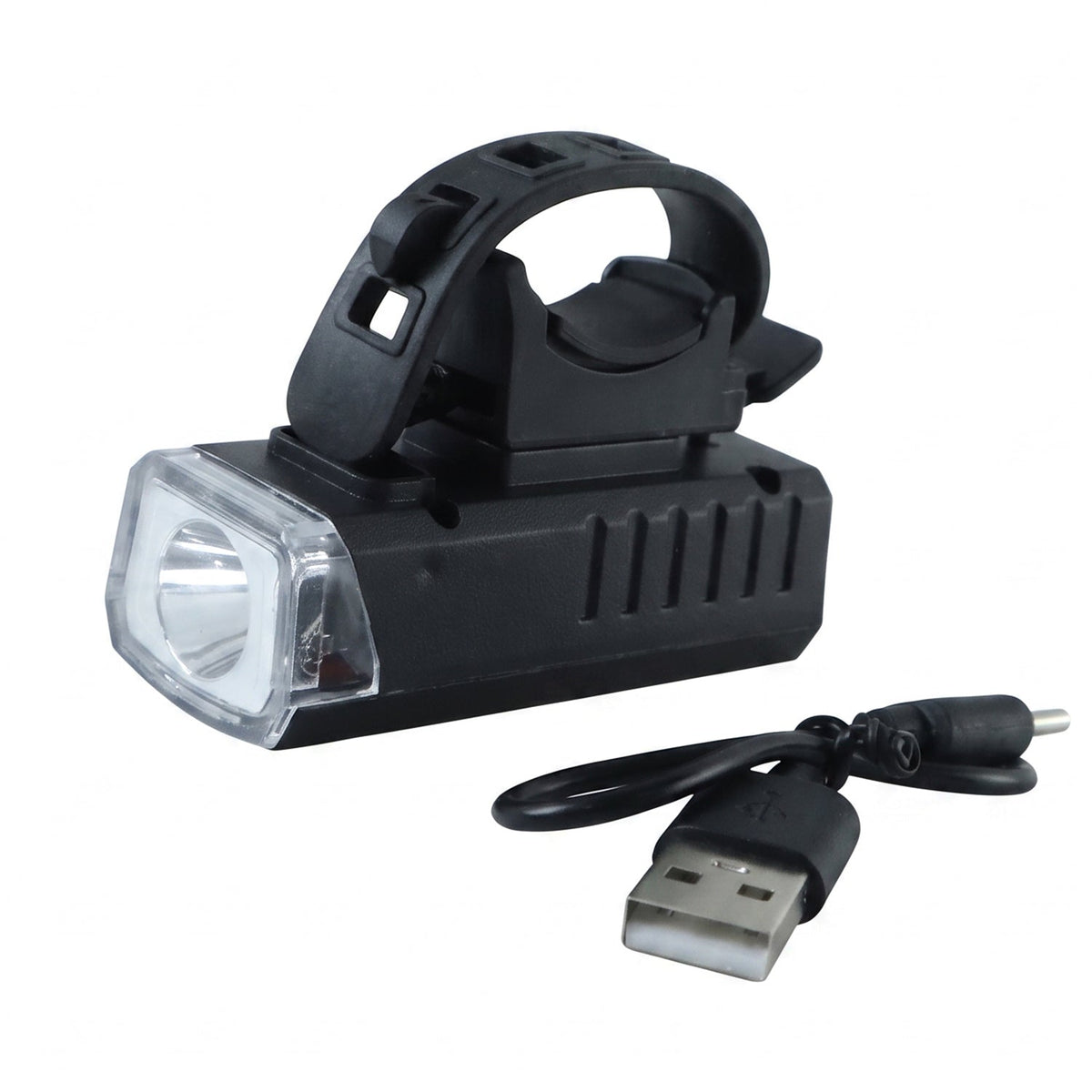 Black rectangular bicycle headlight with a clear lens and an attached USB charging cable on a white background.