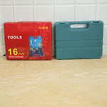 A red box labeled "TOOLS 16 PCS" sits next to a closed teal plastic toolbox on a light wood surface.