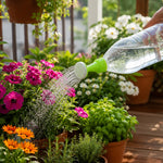 A hand holds a clear plastic bottle with a green and white sprinkler nozzle, watering a variety of colorful outdoor potted