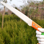 Close-up of the sharp high-carbon steel blade of the tree pruning saw.