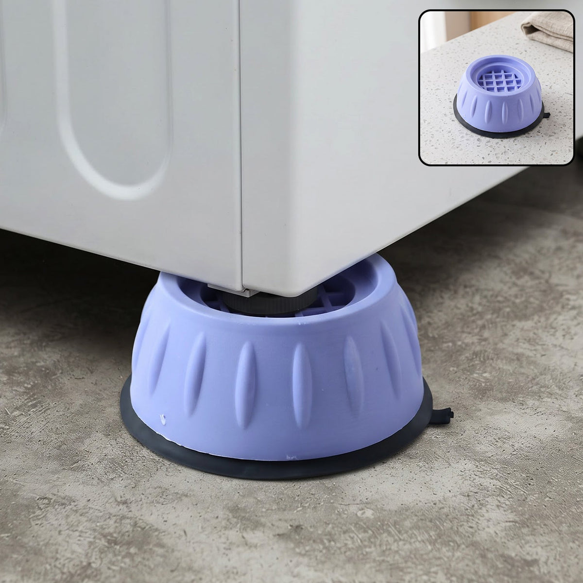A purple anti-vibration pad under a washing machine, with an inset showing the pad alone on a counter.