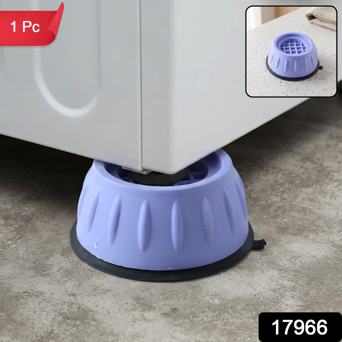 A single purple anti-vibration pad supporting a washing machine, with a small inset of the pad on a counter.