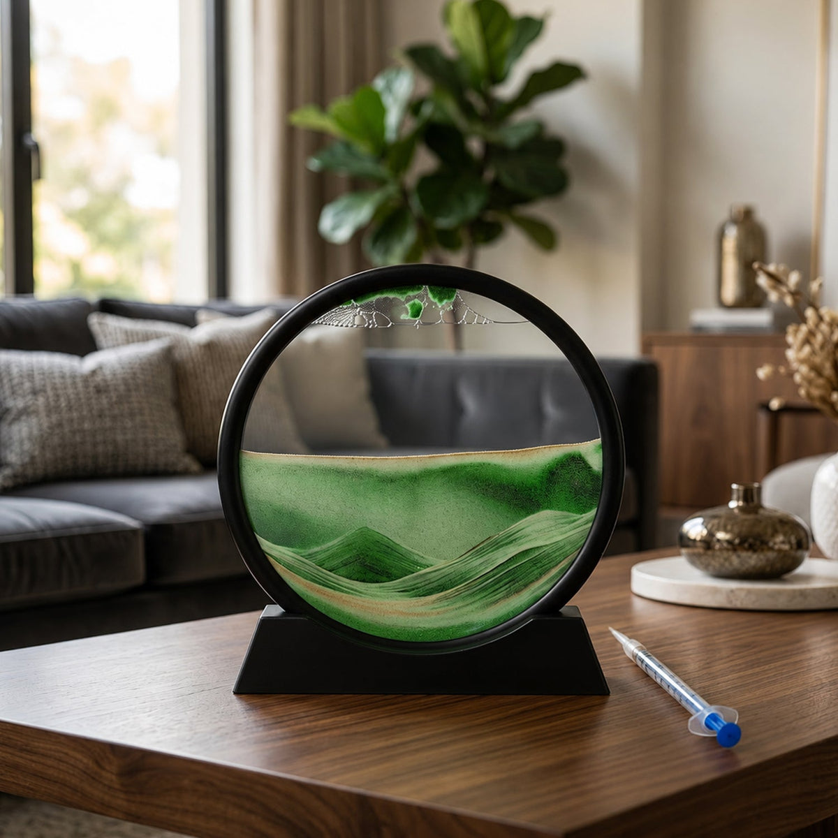 A black-framed circular sand art display with green and gold sand creating a landscape, sitting on a table