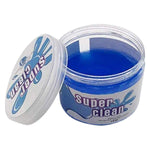 An open jar of blue cleaning gel is shown with its white lid resting beside it on a white background.
