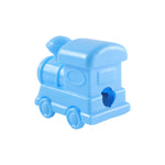 A light blue plastic train-shaped pencil sharpener with a single hole visible, set against a white background.