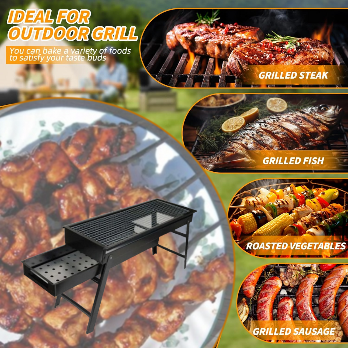 Collage with the black portable grill and images of grilled steak, fish, roasted vegetables, and grilled sausage.