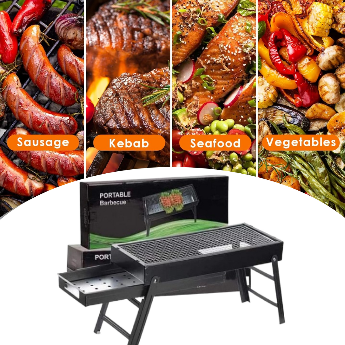 Collage showing the black portable barbecue grill with various grilled foods like sausage, kebab, seafood, and vegetables.