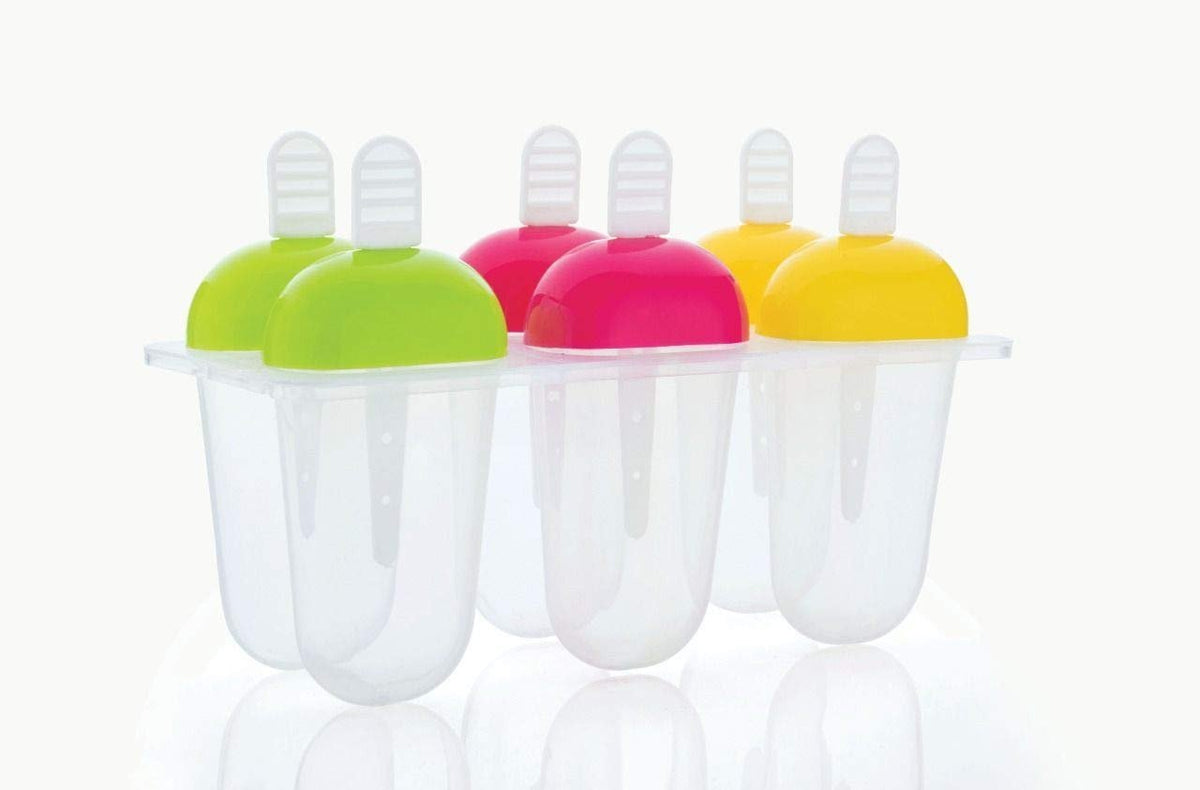A 6-piece clear plastic ice candy mold with green, pink, and yellow tops is shown on a light gray background