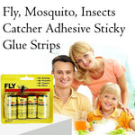 A family of three smiles behind a yellow package of four Fly Catcher sticky strips with black text.