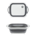 Overhead view of the multi-function foldable chopping board, dish rack, and washing bowl.