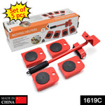 Complete furniture shifting tool set with lifting lever and four wheeled pads for easy moving.