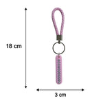 A pink braided wrist loop keychain with a pink number tag, showing dimensions of 18 cm length and 3 cm width.