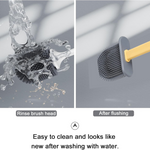 Side view of the ergonomic handle on the silicone toilet brush for comfortable grip.