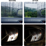 A four-panel image shows before and after views of a car window and side view with and without anti-fog film.