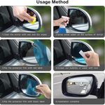 A six-panel image demonstrates the step-by-step installation of an anti-fog film on a car side view.