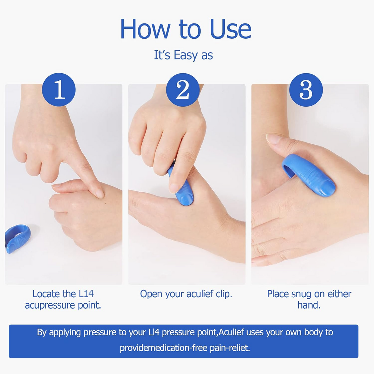 A three-step guide demonstrates how to locate the L14 acupressure point and apply the blue clip to the hand.