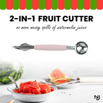 A pink-handled 2-in-1 fruit cutter is centered above a bowl of cubed watermelon and a whole watermelon.
