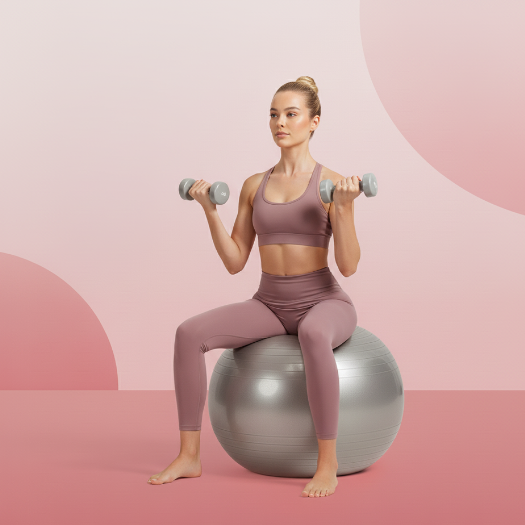 A woman in a purple sports bra and leggings sits on a grey stability ball, holding light grey dumbbells in each hand,