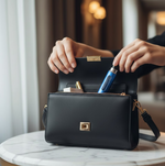Hands place a blue refillable perfume bottle into a black leather handbag, which also contains other cosmetic items.