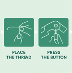 Automatic needle threader shown with a needle and thread, ready for use.
