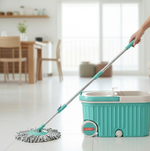 Close-up of the Ganesh spin mop bucket with bigger wheels for easy mobility.